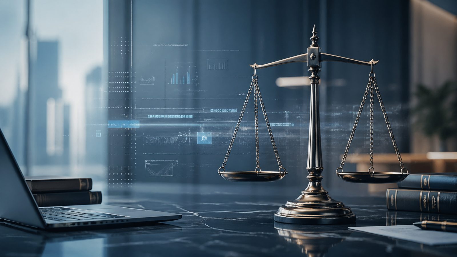 Scales of justice on a marble desk with a laptop, law books, and a holographic data overlay